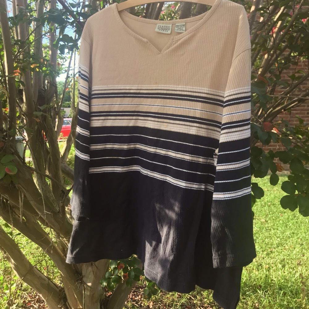 Vintage 90s Long Sleeve Striped Shirt Plus Size 20/22W Neutral Black White & Tan